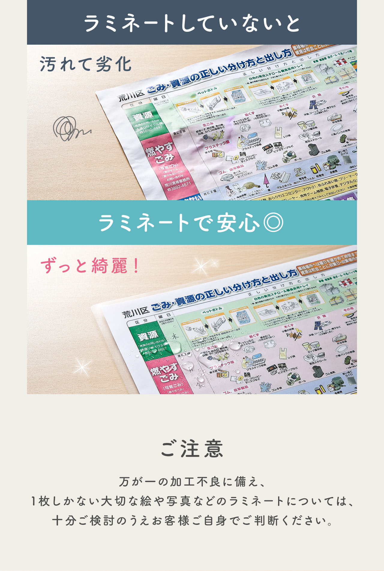 ラミネートすれば汚れや劣化を防げて、ずっとキレイに保てる！、万が一の加工不良に備え、1枚しかない大切な絵や写真などのラミネートについては十分ご検討のうえお客様ご自身でご判断下さい。