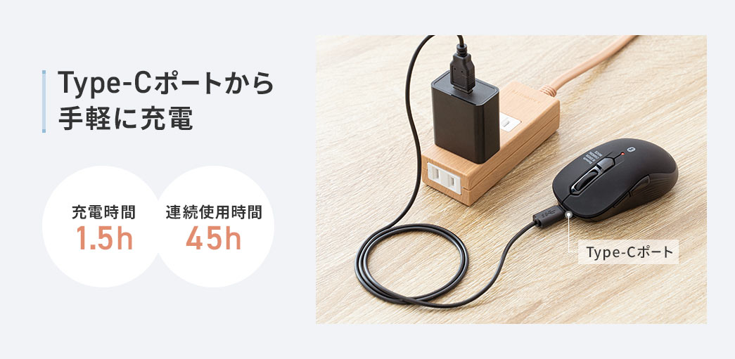 Type-Cポートから手軽に充電。充電時間は1.5時間で連続使用時間は45時間です。
