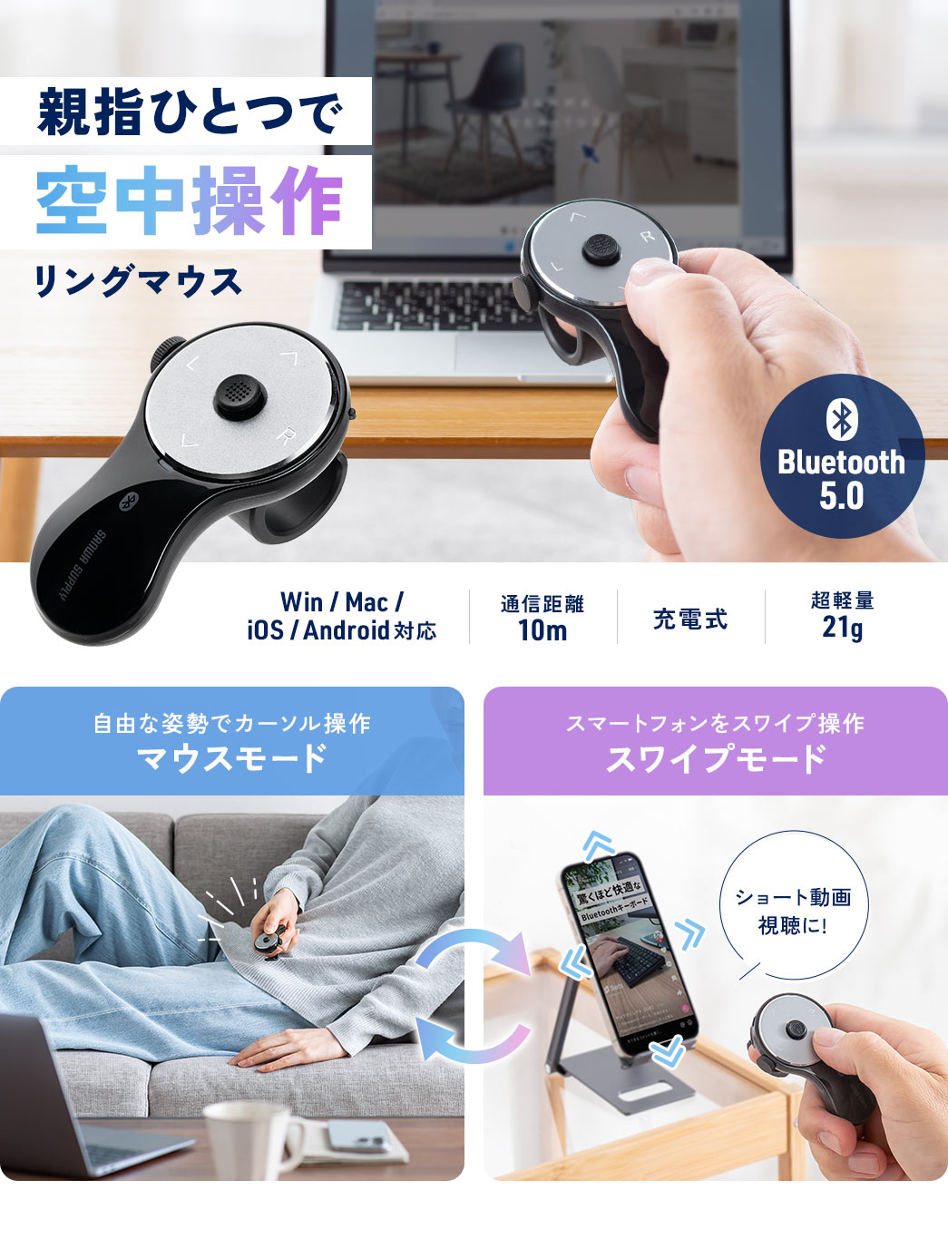 親指ひとつで空中操作 リングマウス