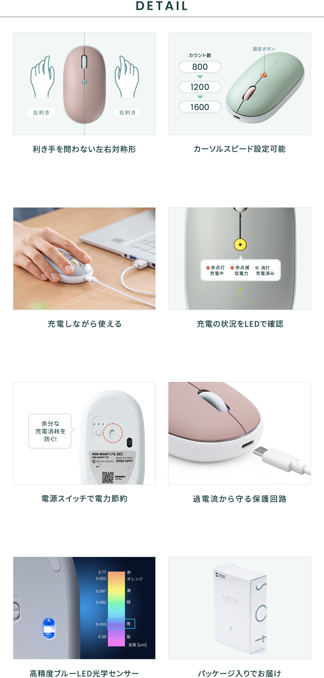 利き手を問わず使いやすい左右対称形で、カーソルスピードの切り替えや充電しながらの使用に対応し、LEDで充電状況を確認できるほか、省電力に役立つ電源スイッチや過電流を防ぐ保護回路、高精度ブルーLED光学センサーを搭載し、パッケージ入りでお届けします。