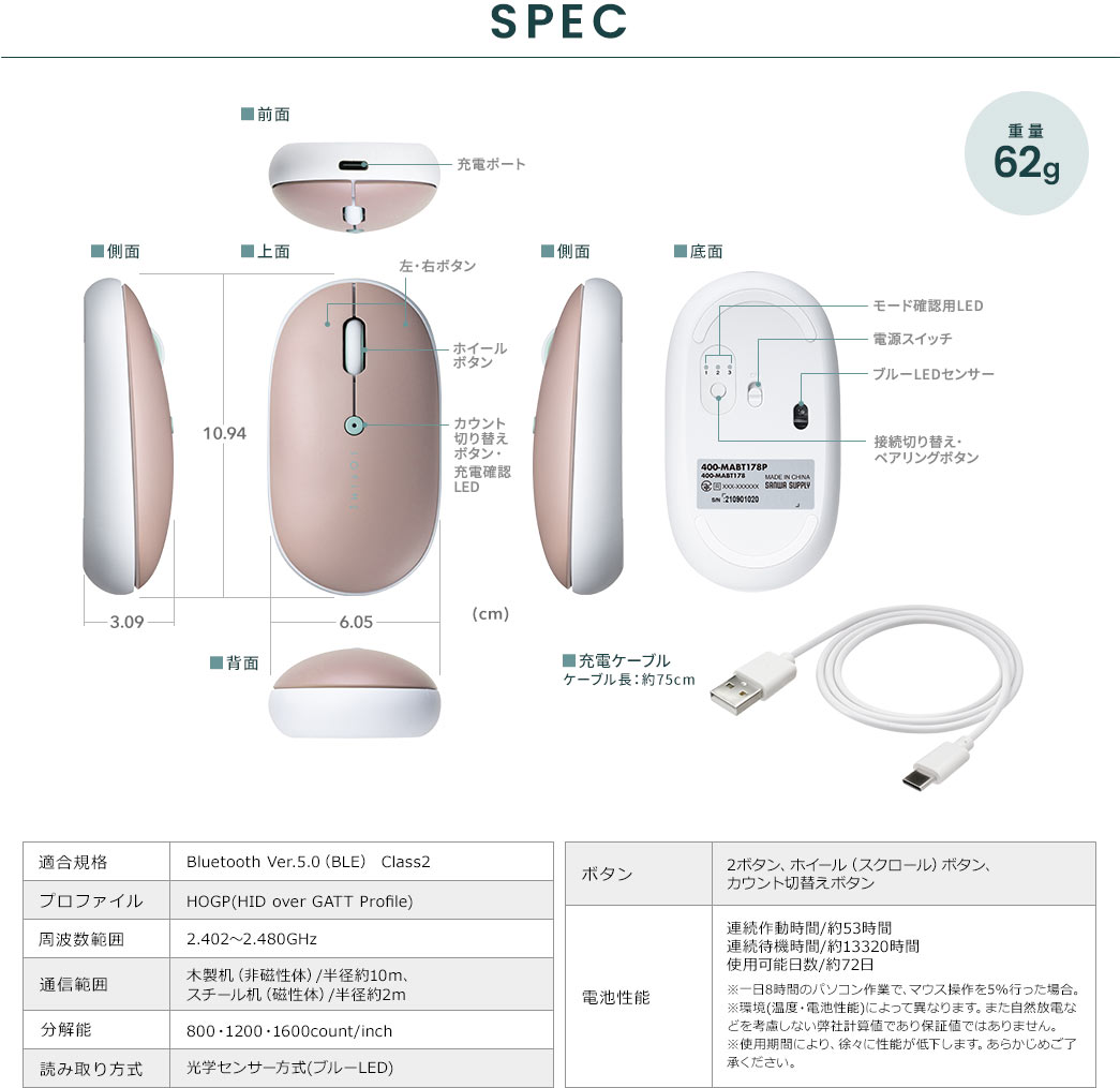 SPEC：幅6.05cm×奥行き10.94cm×高さ3.09cm、重量62g。