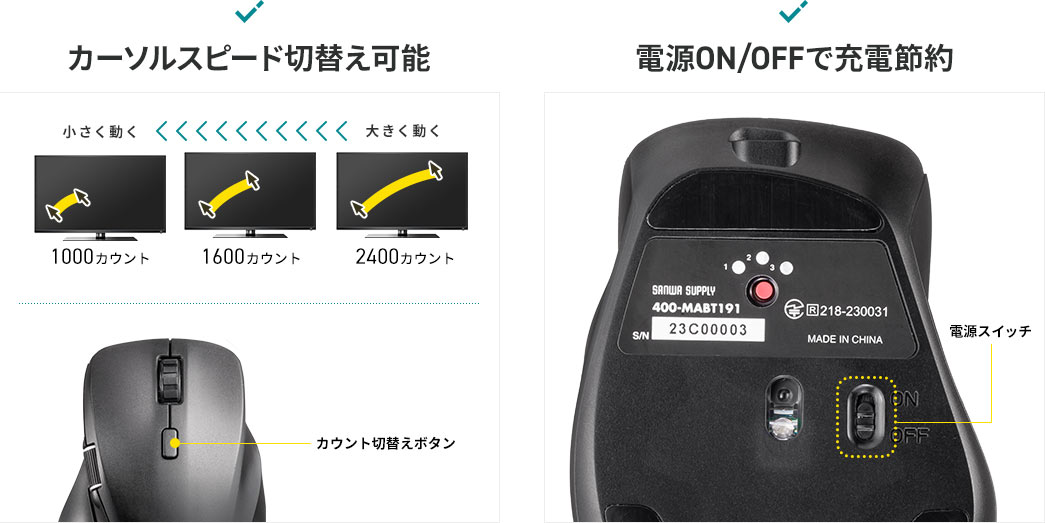 カーソルスピード切替え可能 カーソルスピード切替え可能電源ON/OFFで充電節約