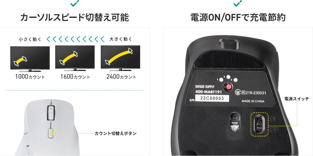 カーソルスピード切替え可能 カーソルスピード切替え可能電源ON/OFFで充電節約