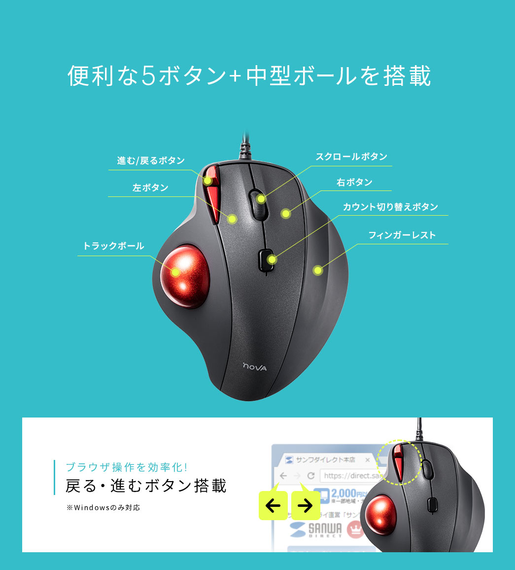 便利な5ボタン+中型ボールを搭載 戻る・進むボタン搭載