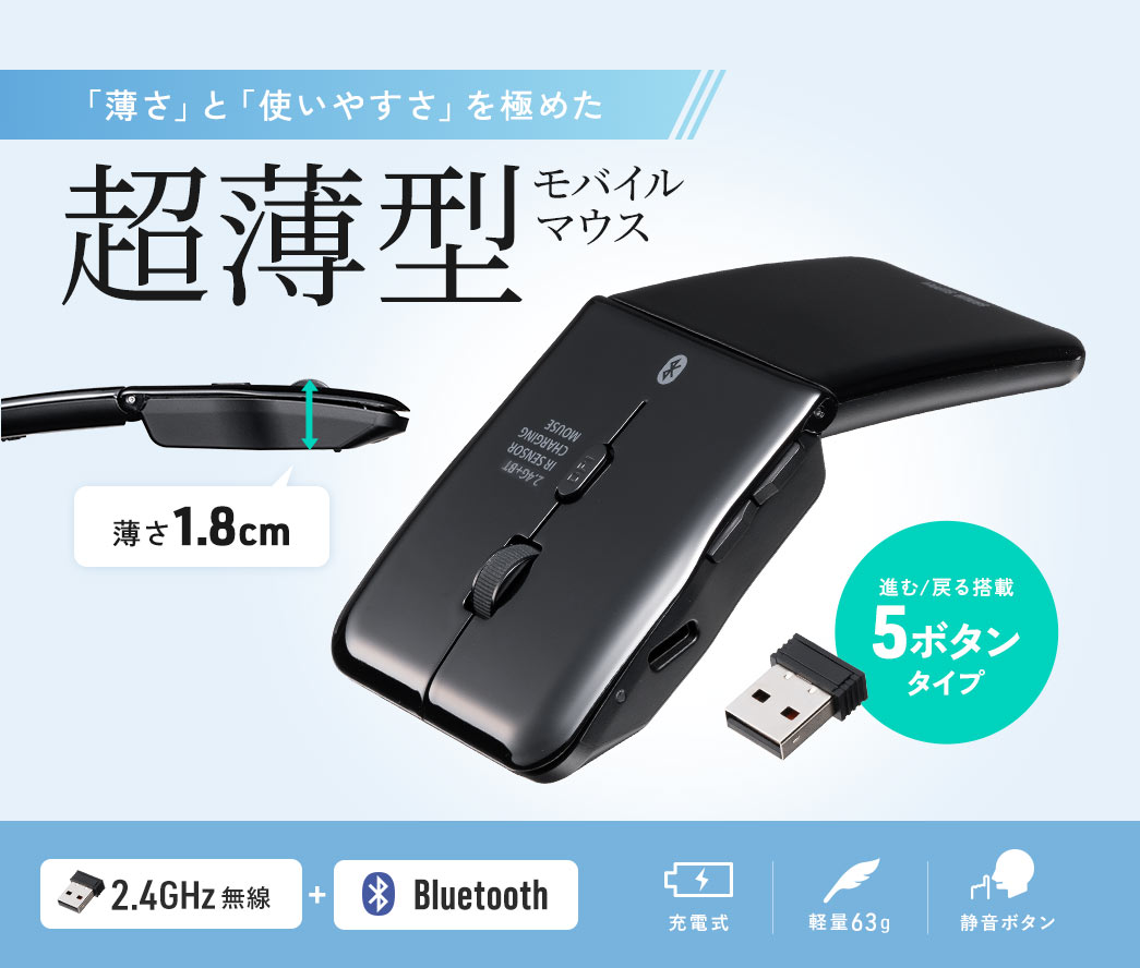 「薄さ」と「使いやすさ」を極めた薄さ1.8cmの超薄型モバイルマウス。進む/戻る搭載の5ボタンタイプで、2.4GHz無線＋Bluetooth対応、3台までのマルチペアリングが可能。充電式で軽量62g、静音ボタンを搭載。