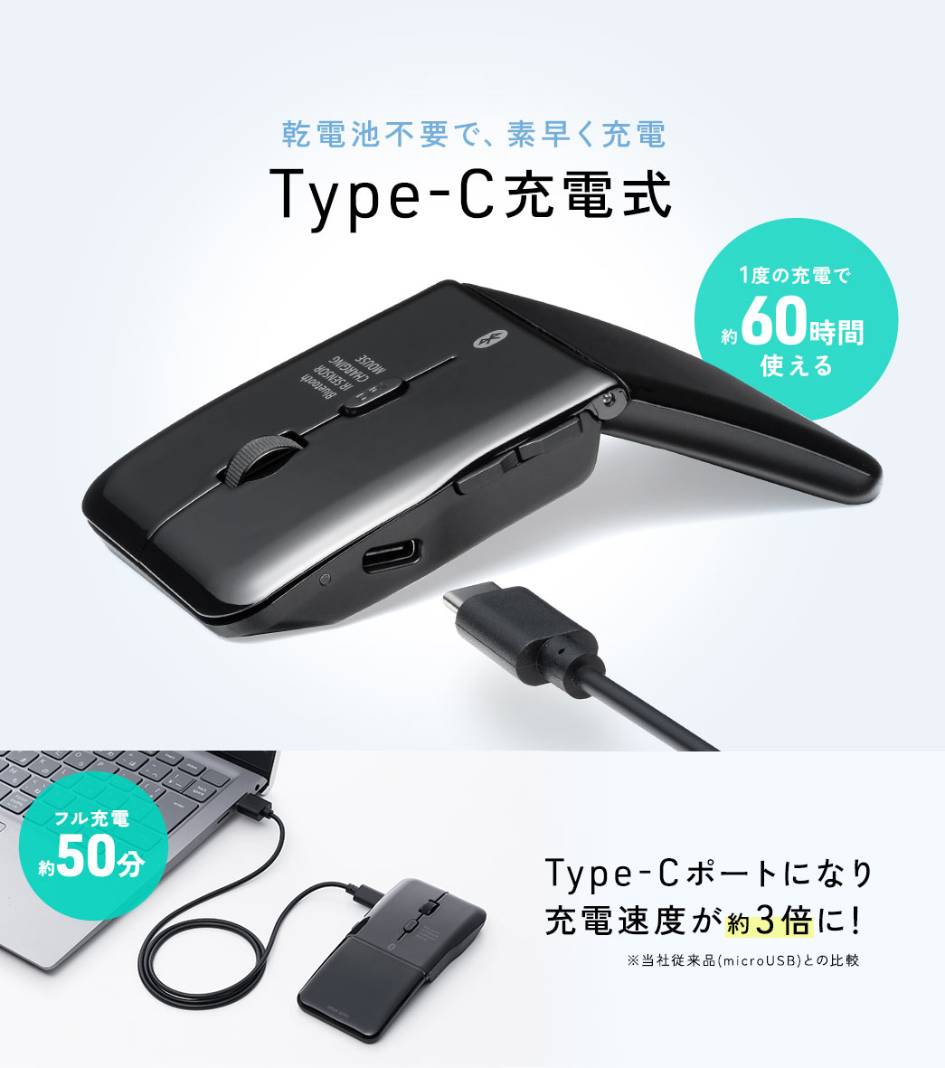 乾電池不要で、素早く充電できるType-C充電式。1度の充電で約60時間使え、Type-Cポートになり当社従来品(microUSB)と比較するとフル充電約50分と充電速度が約3倍になりました。