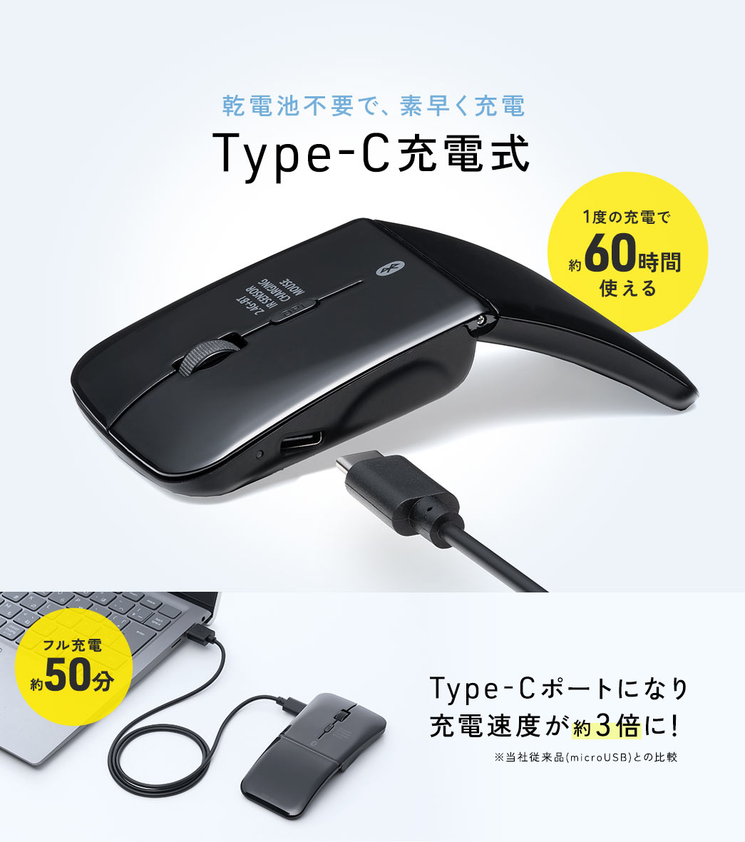 乾電池不要で、素早く充電できるType-C充電式。1度の充電で約60時間使え、Type-Cポートになり当社従来品(microUSB)と比較するとフル充電約50分と充電速度が約3倍になりました。
