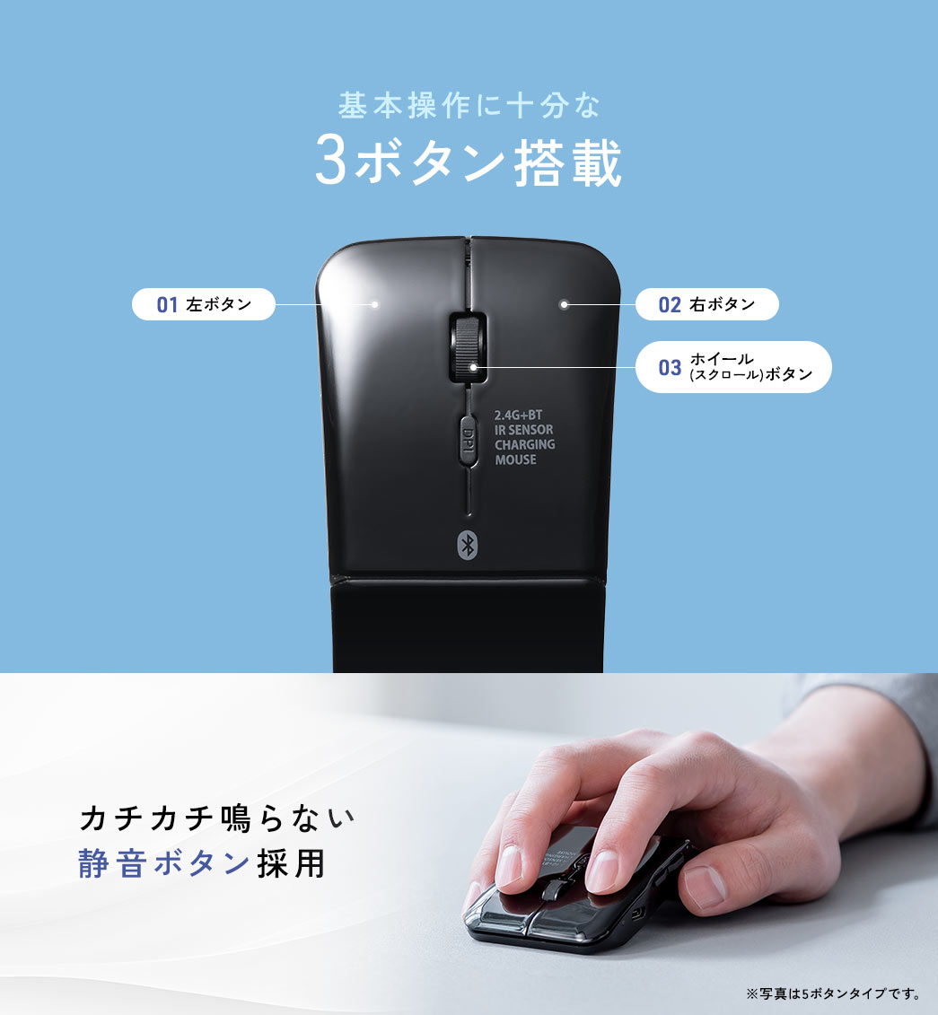 基本操作に十分な3ボタン（左ボタン、右ボタン、ホイール・スクロールボタン）を搭載し、カチカチ鳴らない静音ボタンを採用。