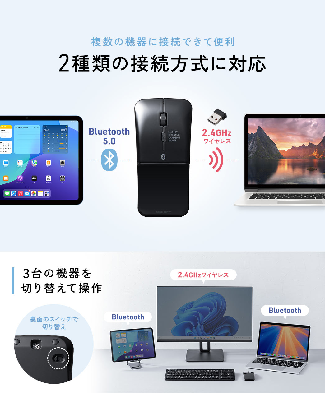 Bluetooth5.0、2.4GHzワイヤレスの2種類の接続方式に対応しているので複数の機器に接続できて便利。 3台の機器を裏面のスイッチで切り替えて操作できます。