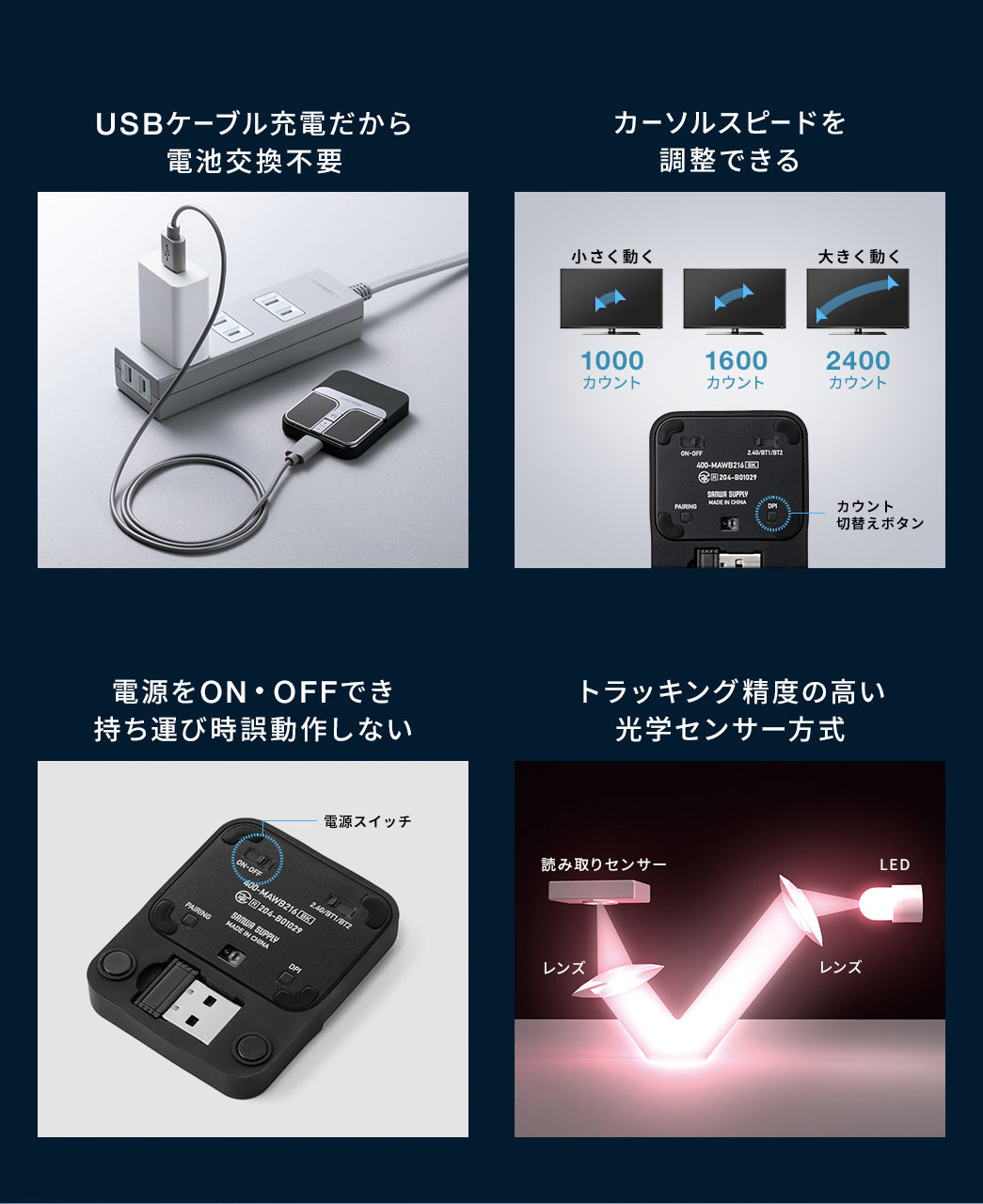 USBケーブル充電で電池交換不要、カーソルスピードは1000・1600・2400カウントに調整可能です。電源のON・OFFが可能で持ち運び時の誤動作を防ぎ、高精度な光学センサー方式を採用しています。