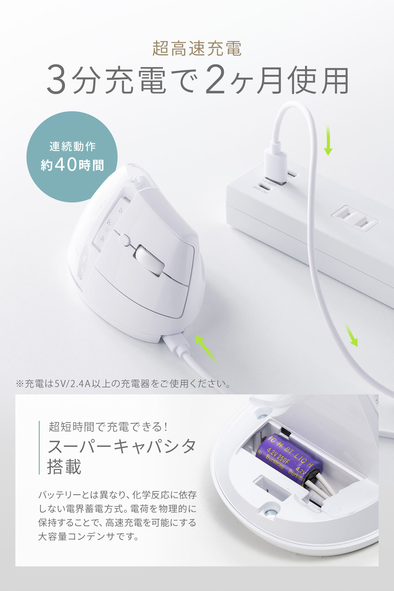 スーパーキャパシタ搭載の超高速充電だから3分充電で2ヶ月使用できる。スーパーキャパシタはバッテリーとは異なり、化学反応に依存しない電界蓄電方式。電荷を物理的に保持することで、高速充電を可能にする大容量コンデンサです。