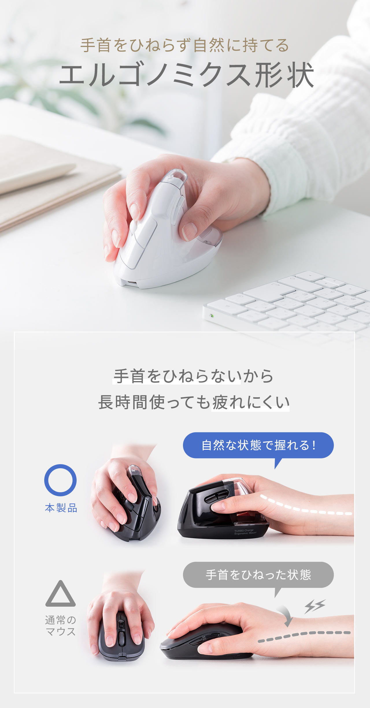 手首をひねらず自然に持てるエルゴノミクス形状。手首をひねらないから長時間使っても疲れにくいです。