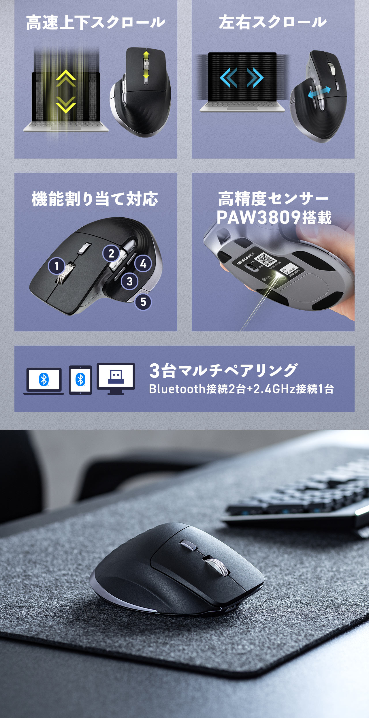 高速上下スクロール、左右スクロール、機能割り当て対応、高精度センサーPAW3809を搭載しています。また、2台のBluetooth接続＋1台の2.4GHz接続の3台のマルチペアリングも可能です。
