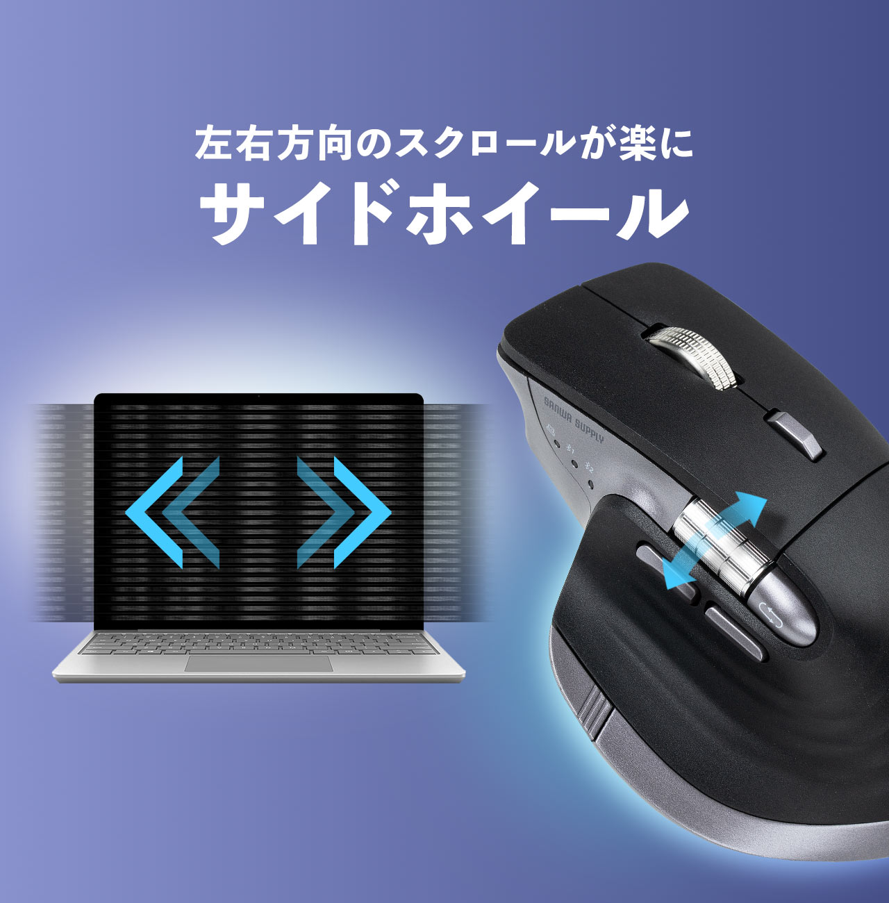 左右方向のスクロールが楽に行えるサイドホイール。