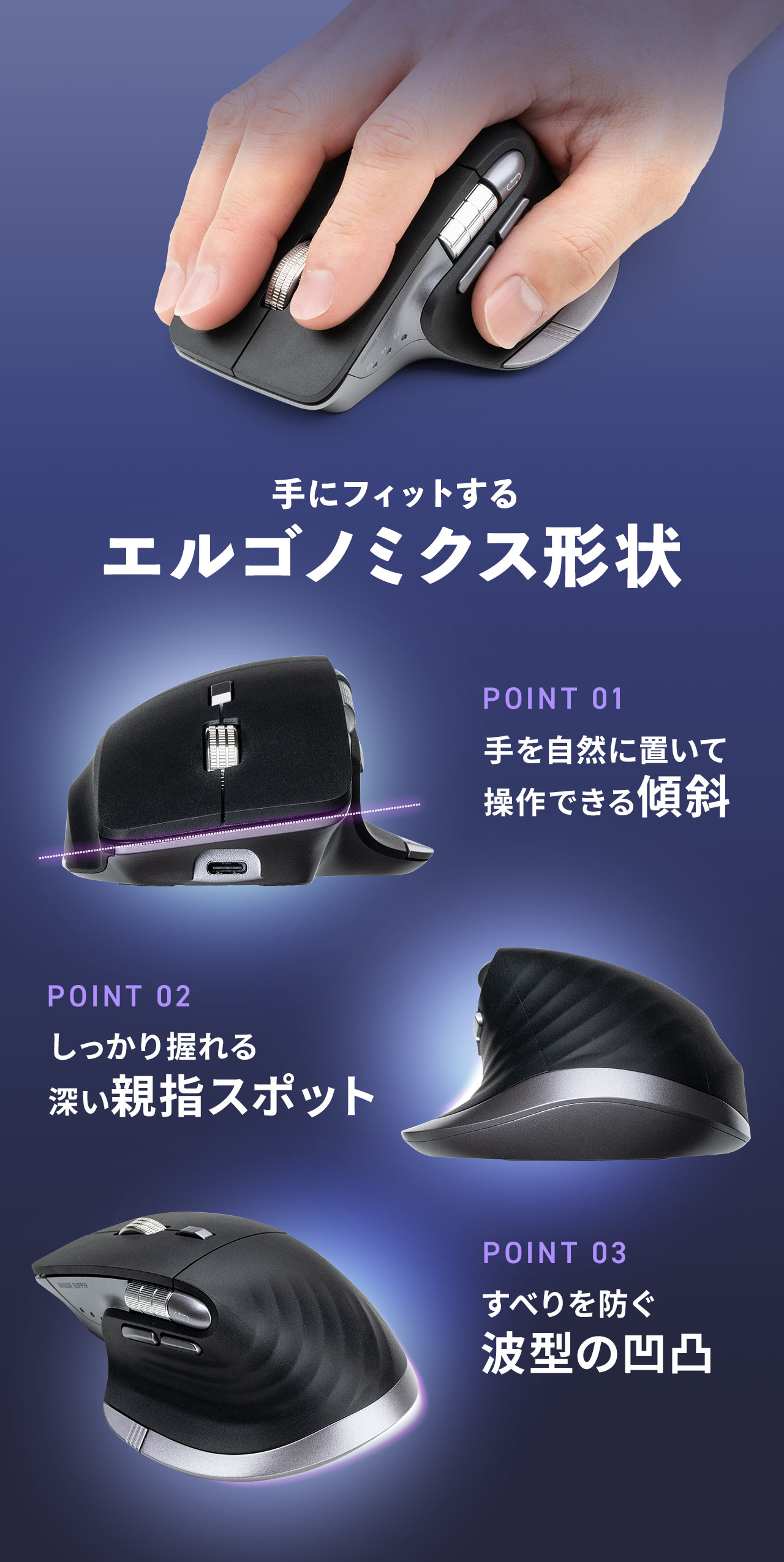 手にフィットするエルゴノミクス形状。POINT1、手を自然に置いて操作できる傾斜。POINT2、しっかり握れる深い親指スポット。POINT3、すべりを防ぐ波型の凹凸。