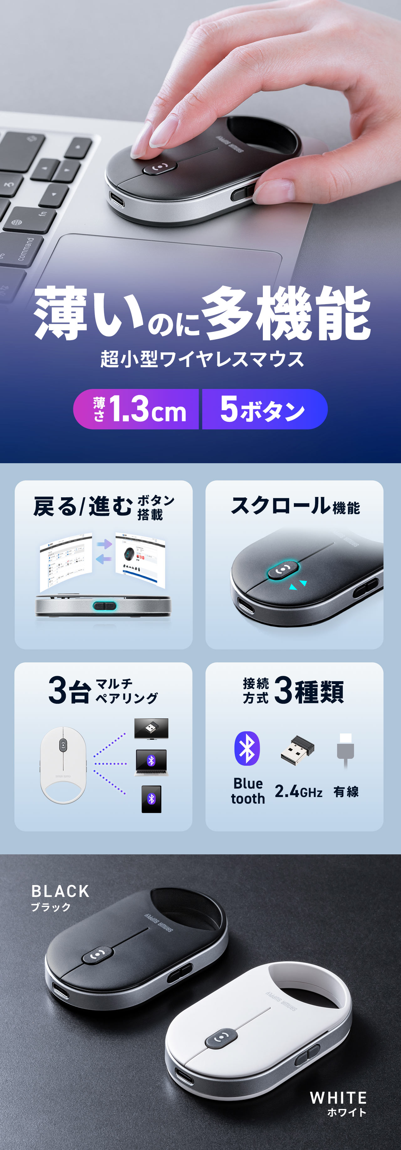 薄いのに多機能な超小型ワイヤレスマウス、進む／戻るボタンとスクロール機能を搭載し、3台までのマルチペアリングに対応。接続方式は3種類で、5ボタン仕様、薄さ約1.3cmのスリム設計です。カラーはブラックとホワイトの2種類をご用意しています。