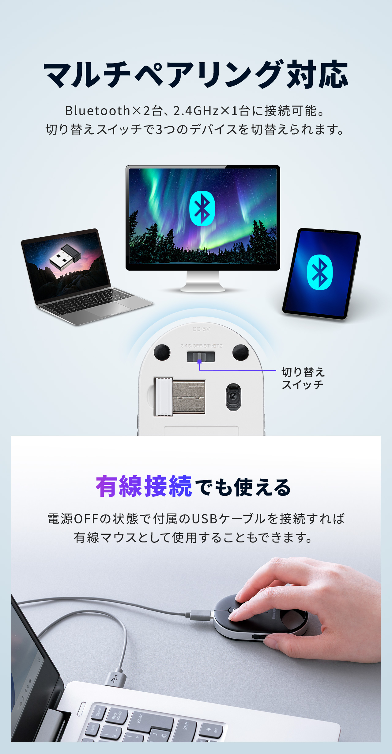 Bluetooth×2台、2.4GHz×1台に接続できるマルチペアリング対応しており、切り替えスイッチで3つのデバイスを切替えられます。また、電源OFFの状態で付属のUSBケーブルを接続すれば有線マウスとして使用することもできます。