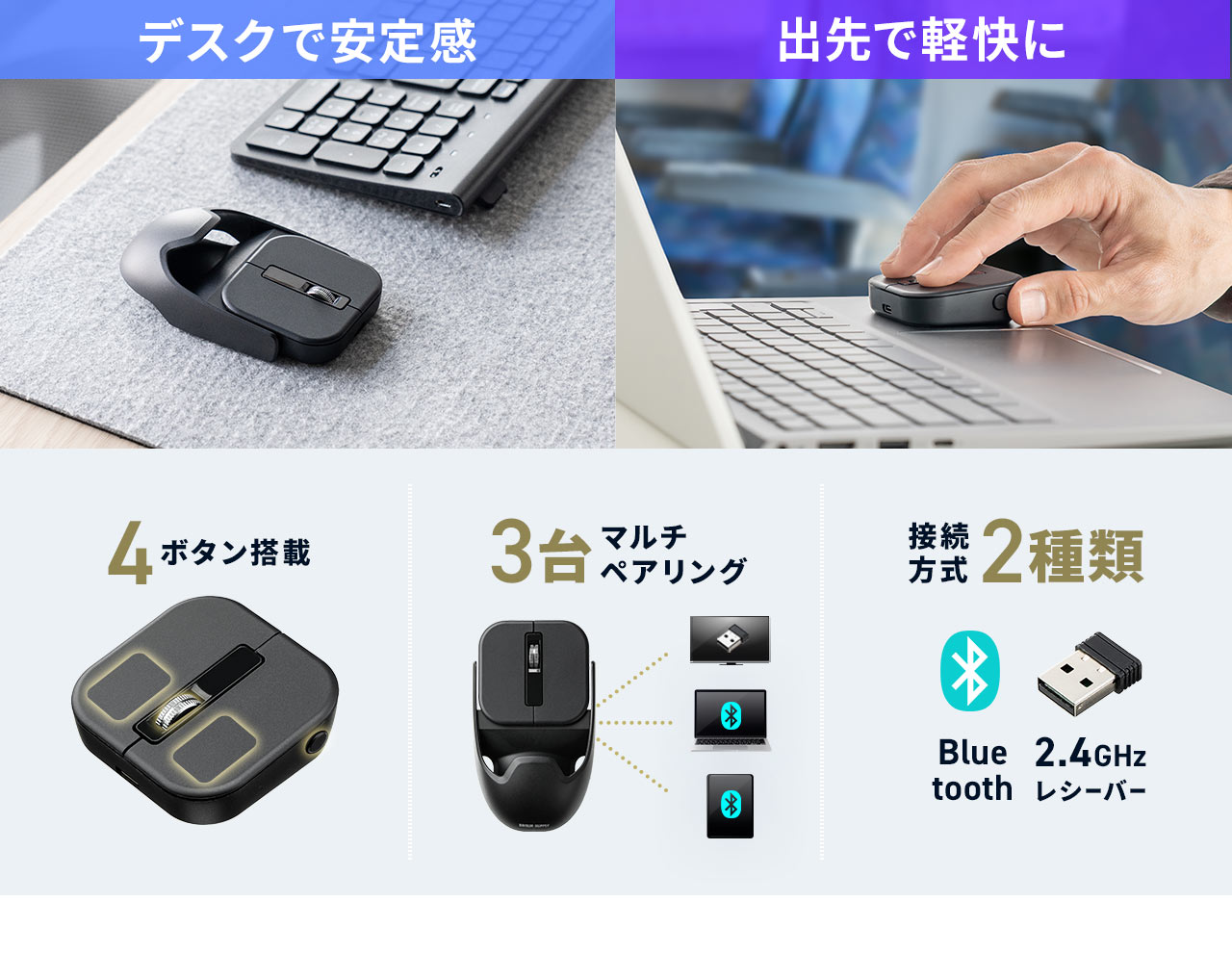 フルサイズ使用時はデスクで安定した操作が可能で、コンパクトサイズでは出先でも軽快に使用可能。4ボタン搭載、3台マルチペアリングに対応し、接続方式はBluetoothとワイヤレス 2.4GHzに対応。