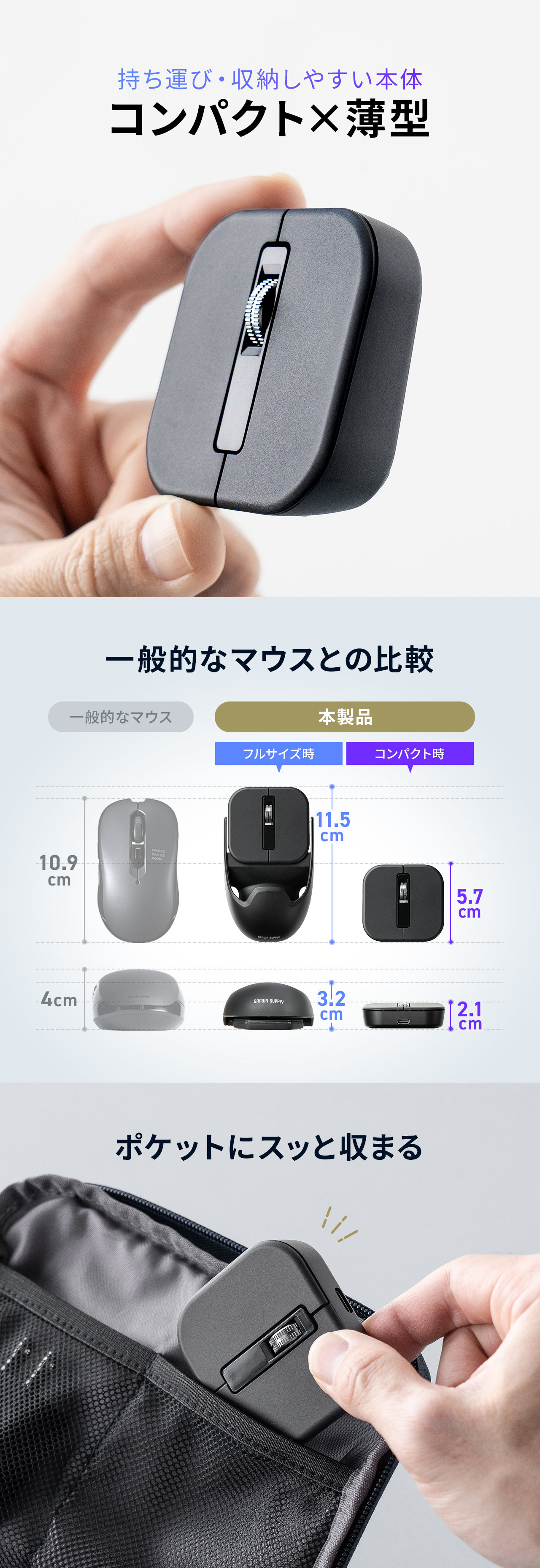 コンパクトで薄型だから持ち運び・収納しやすい本体。一般的なマウスと比較して、フルサイズ時は全長11.5cm・高さ3.2cm、コンパクト時は全長5.7cm・高さ2.1cmの薄型設計で、ポケットにスッと収まります。