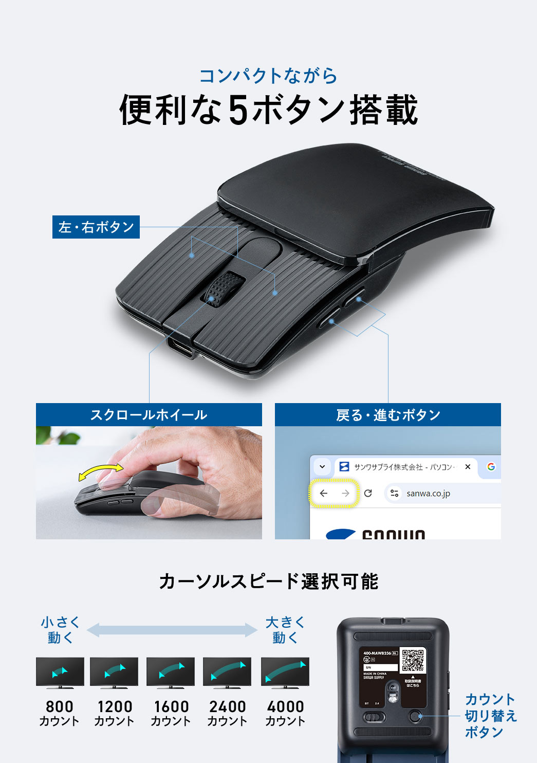 コンパクトながら便利な5ボタン搭載。カーソルスピード選択可能。