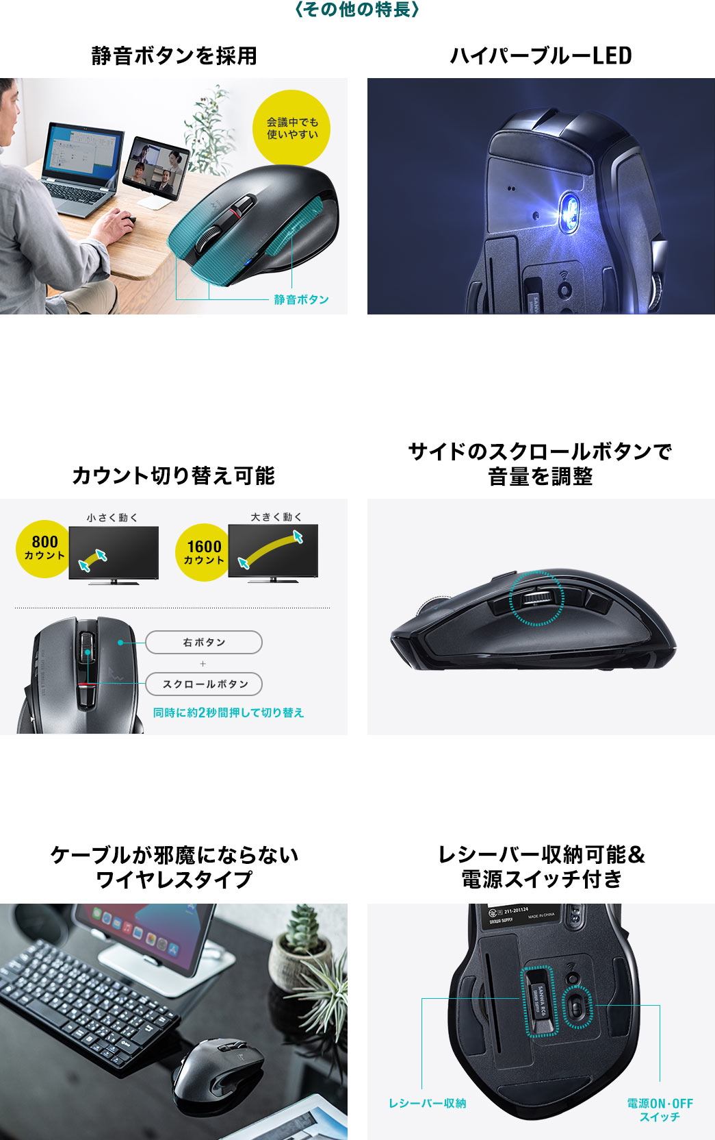 静音ボタンを使用 ハイパーブルーLED カウント切り替え可能 再度のスクロールボタンで音量を調整 ケーブルが邪魔にならないワイヤレスタイプ レシーバー収納可能 電源スイッチ付き