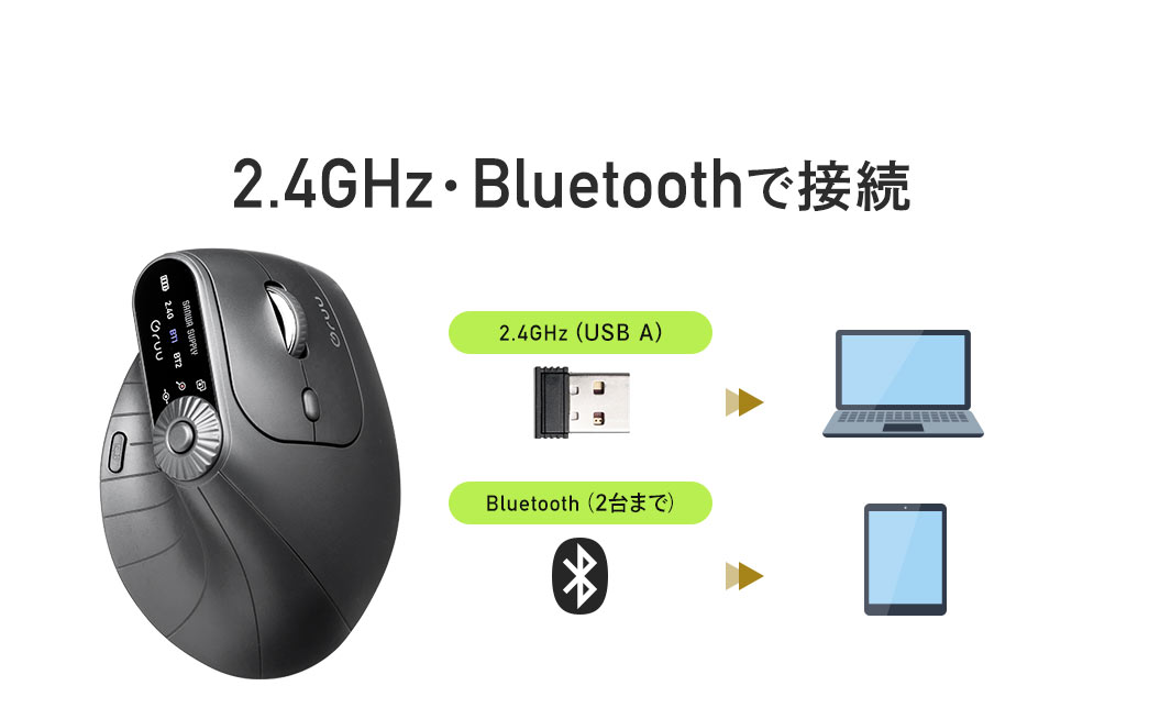 2.4GHz・Bluetooth（2台まで）の接続が可能です。