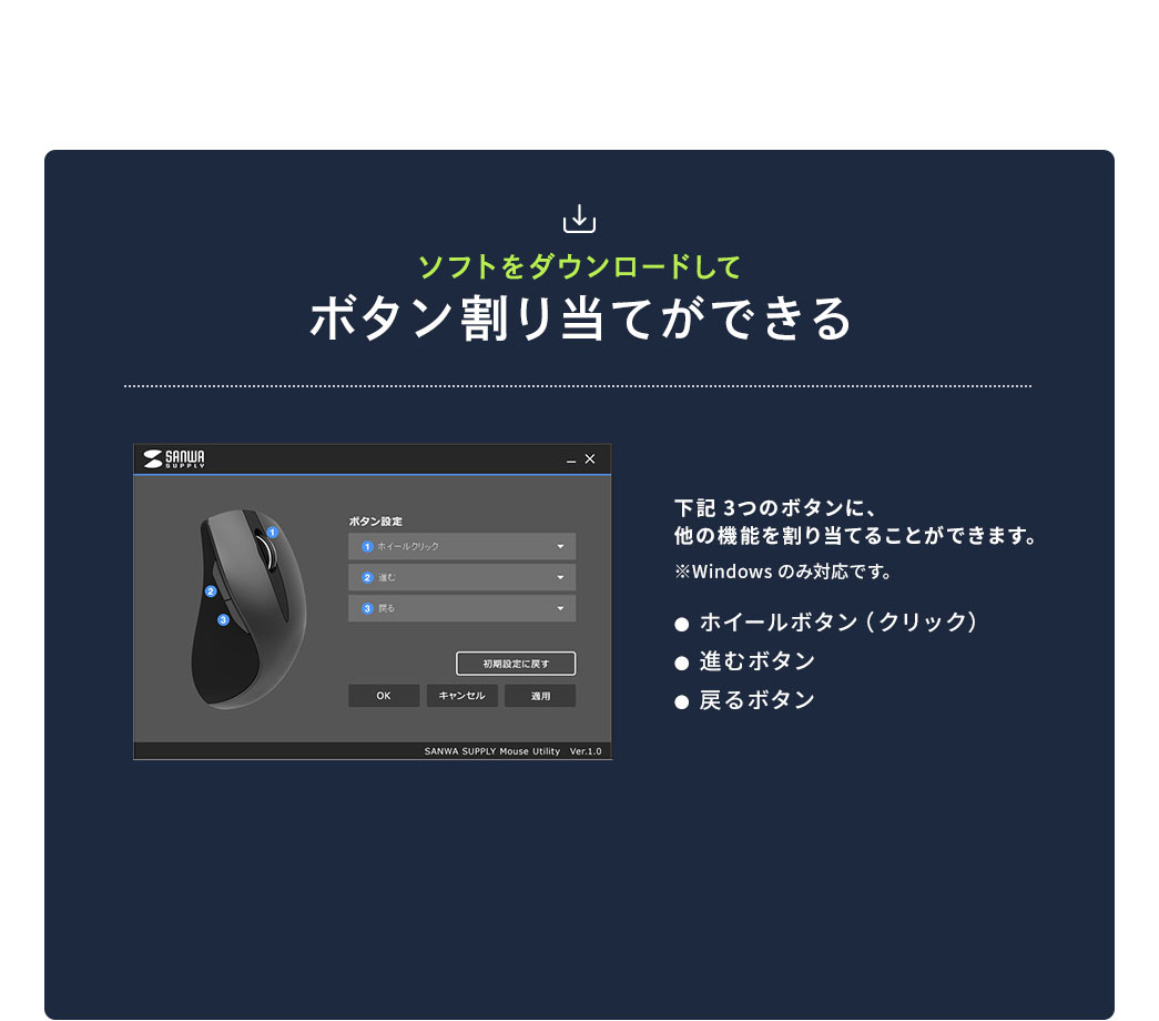 ソフトをダウンロードしてボタン割り当てができる。 ホイールボタン（クリック）、進むボタン、戻るボタンの3つのボタンに、他の機能を割り当てることができます。 ※Windowsのみ対応です。