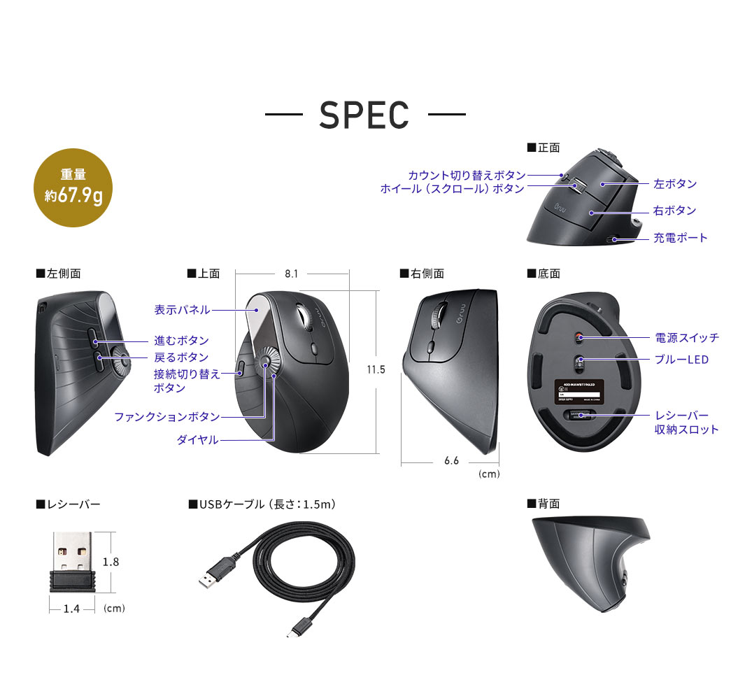SPEC、重量約67.9g、レシーバー、充電用ケーブル（長さ：1.5m）付き。