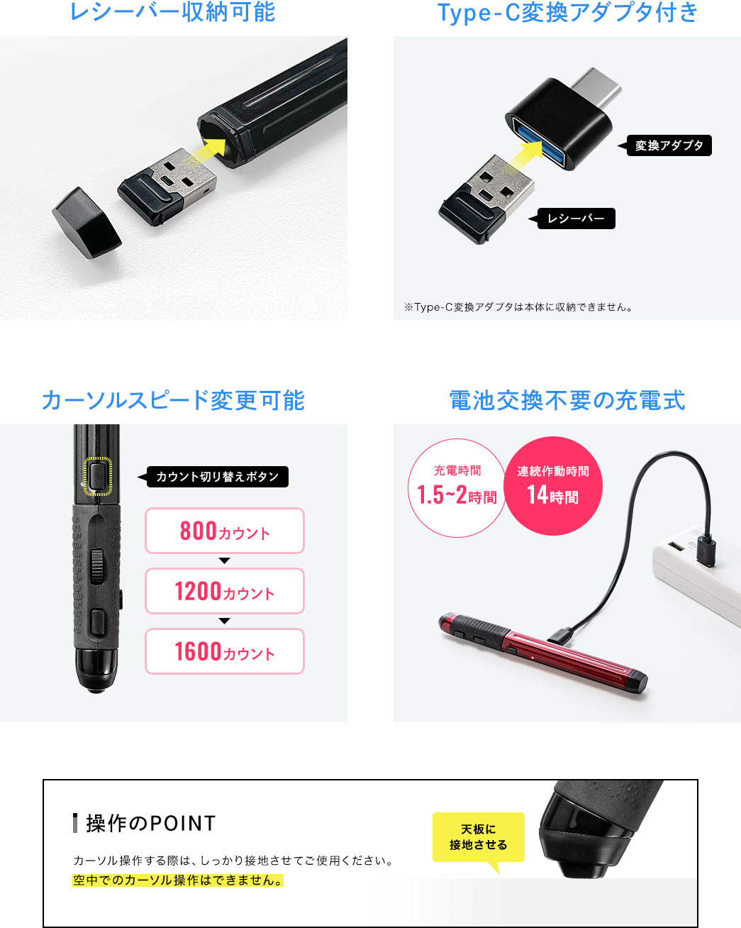 レシーバー収納可能 Type-C変換アダプタ付き カーソルスピード変更可能 電池交換不要の充電式