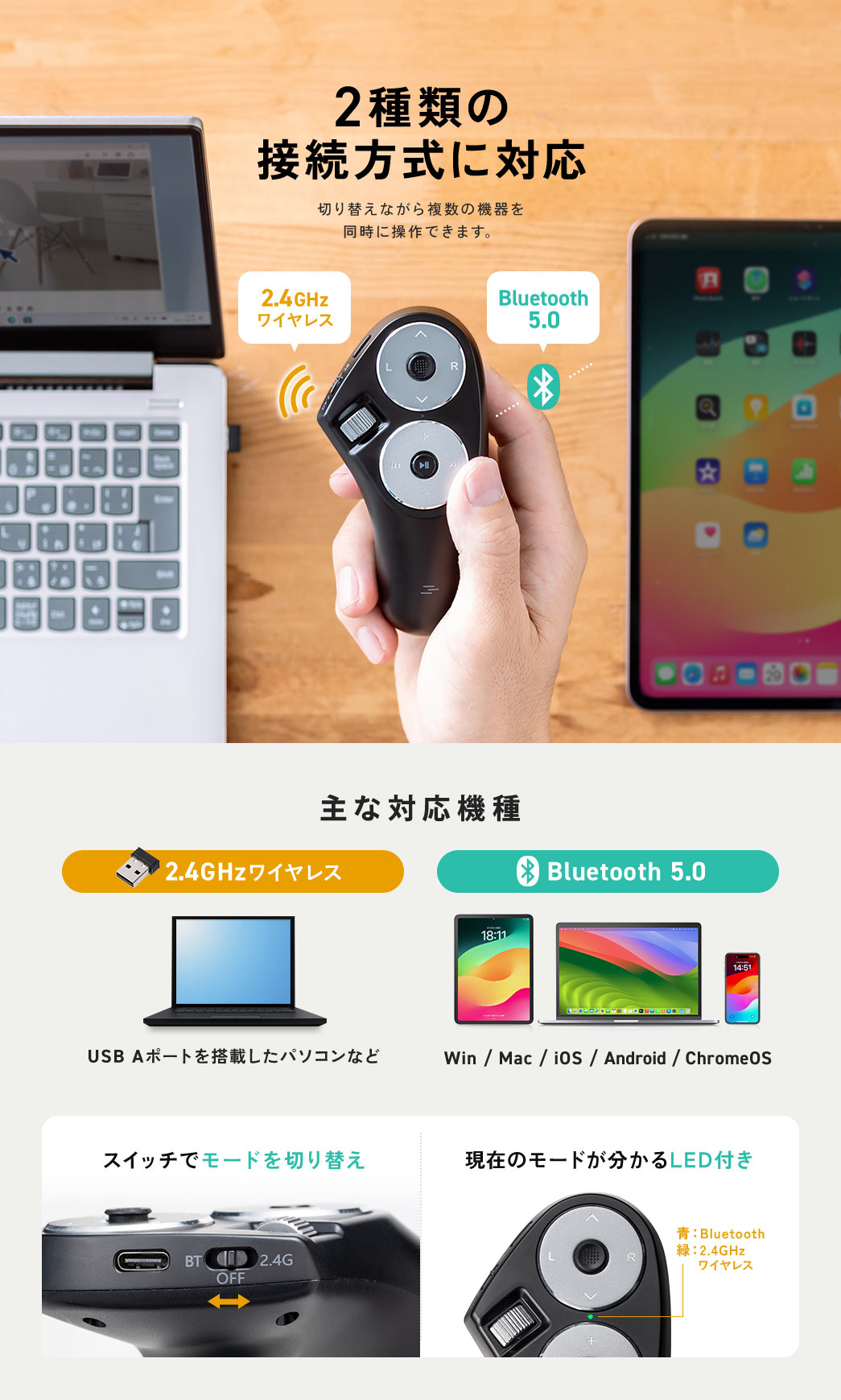 2.4GHzワイヤレスとBluetooth 5.0の2種類の接続方式に対応