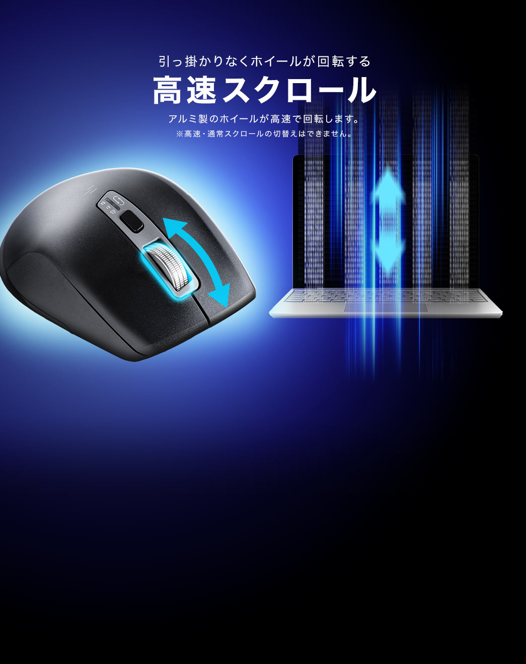 引っ掛かりなくホイールが回転する高速スクロール