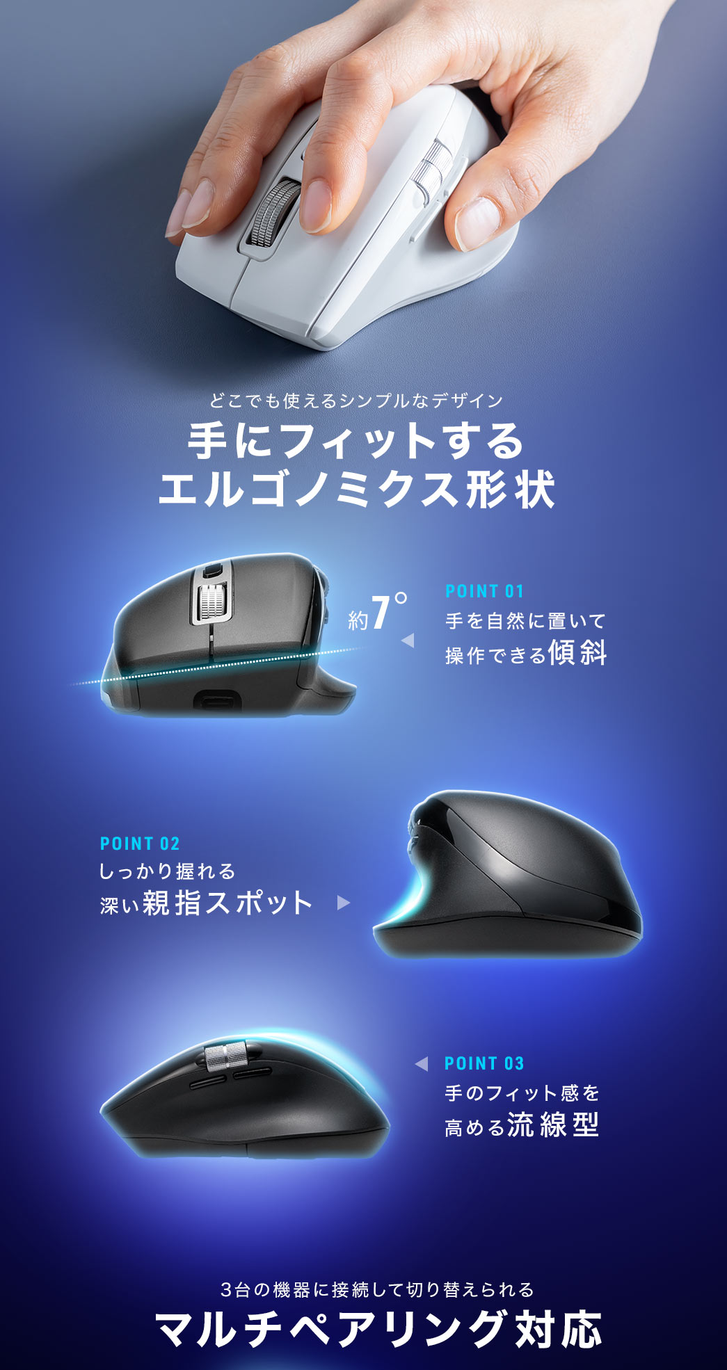 どこでも使えるシンプルなデザイン手にフィットするエルゴノミクス形状