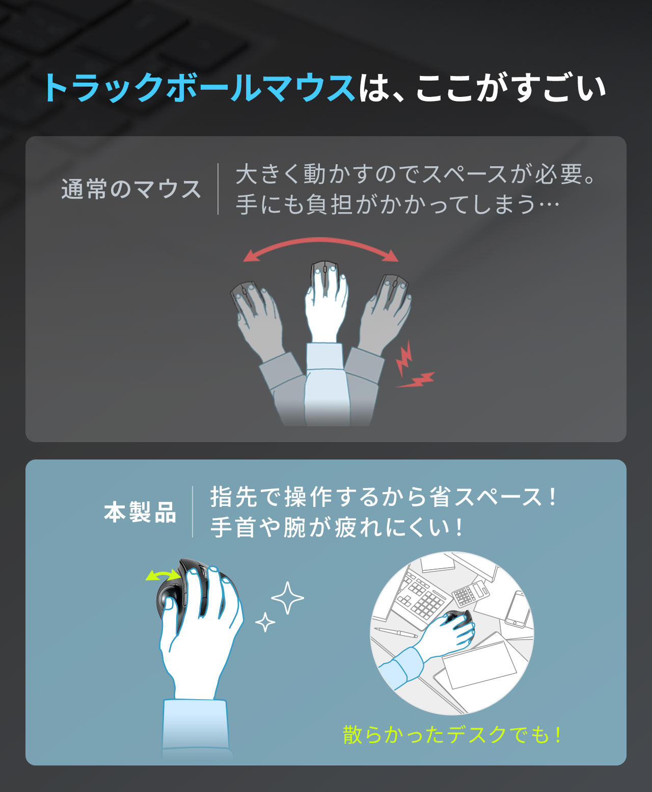 トラックボールマウスは、指先で操作するから省スペース！手首や腕が疲れにくい！
