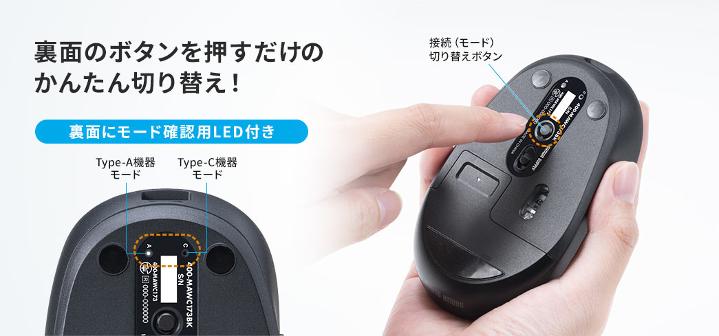 裏面のボタンを推すだけのかんたん切り替え! 裏面にモード確認用LED付き