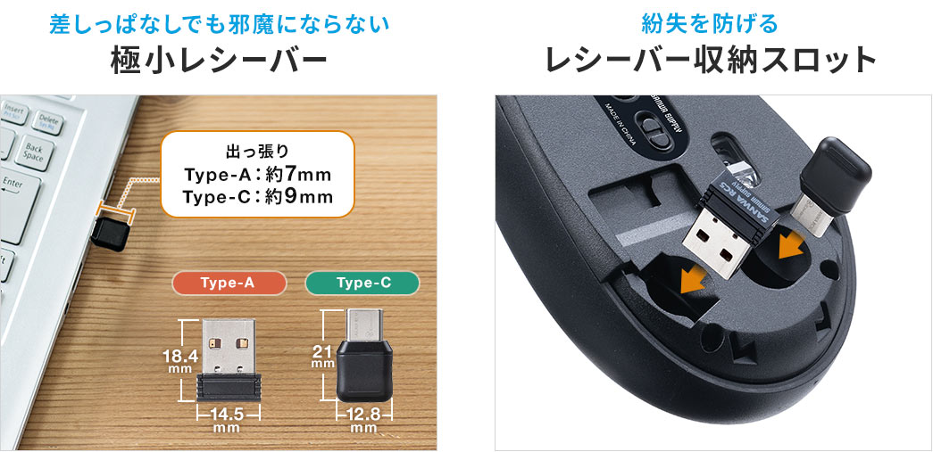 差しっぱなしでも邪魔にならない極小レシーバー 紛失を妨げるレシーバー収納スロット