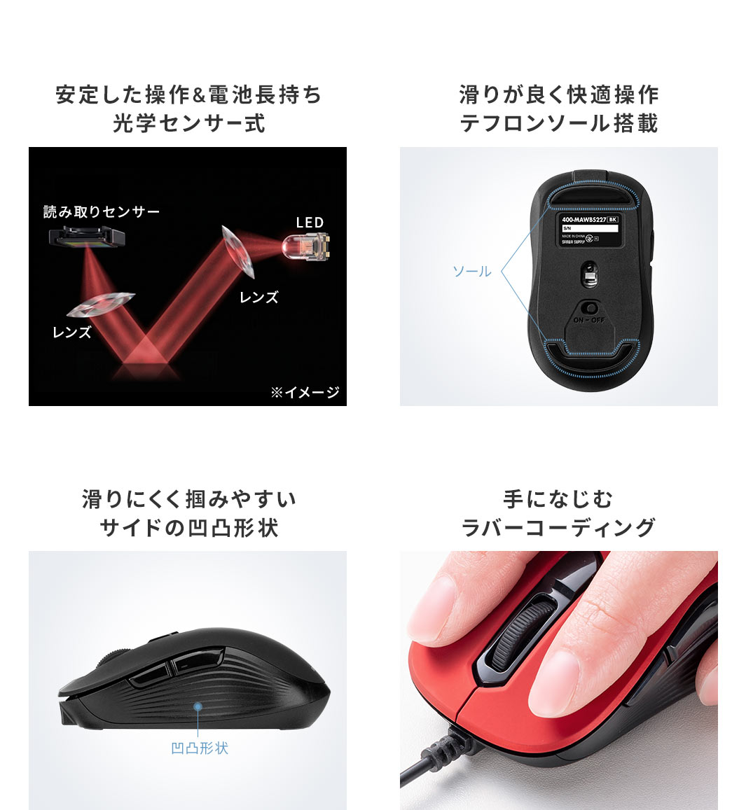 安定した操作と電池長持ちを実現する光学センサー式で、テフロンソールにより滑りが良く快適に操作可能。側面は滑りにくく掴みやすい凹凸形状を採用し、手になじむラバーコーティング仕上げになっています。