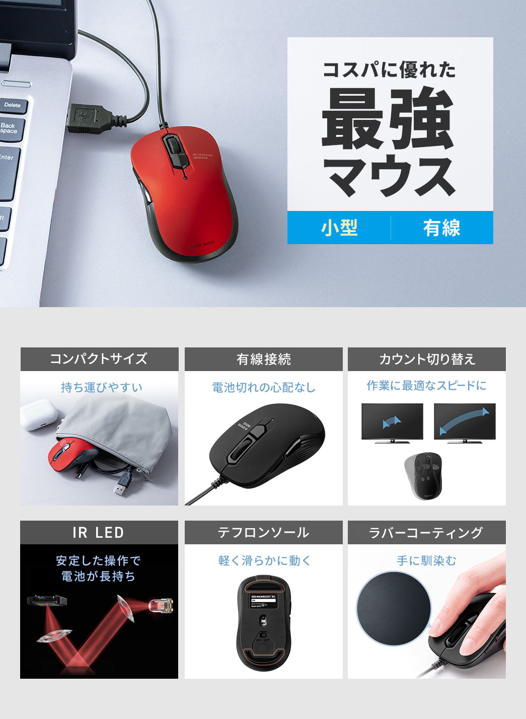 コスパに優れた最強マウス。コンパクトサイズの有線接続モデルで、カウント切り替えに対応。IR LEDとテフロンソールを採用し、ラバーコーティング仕上げです。