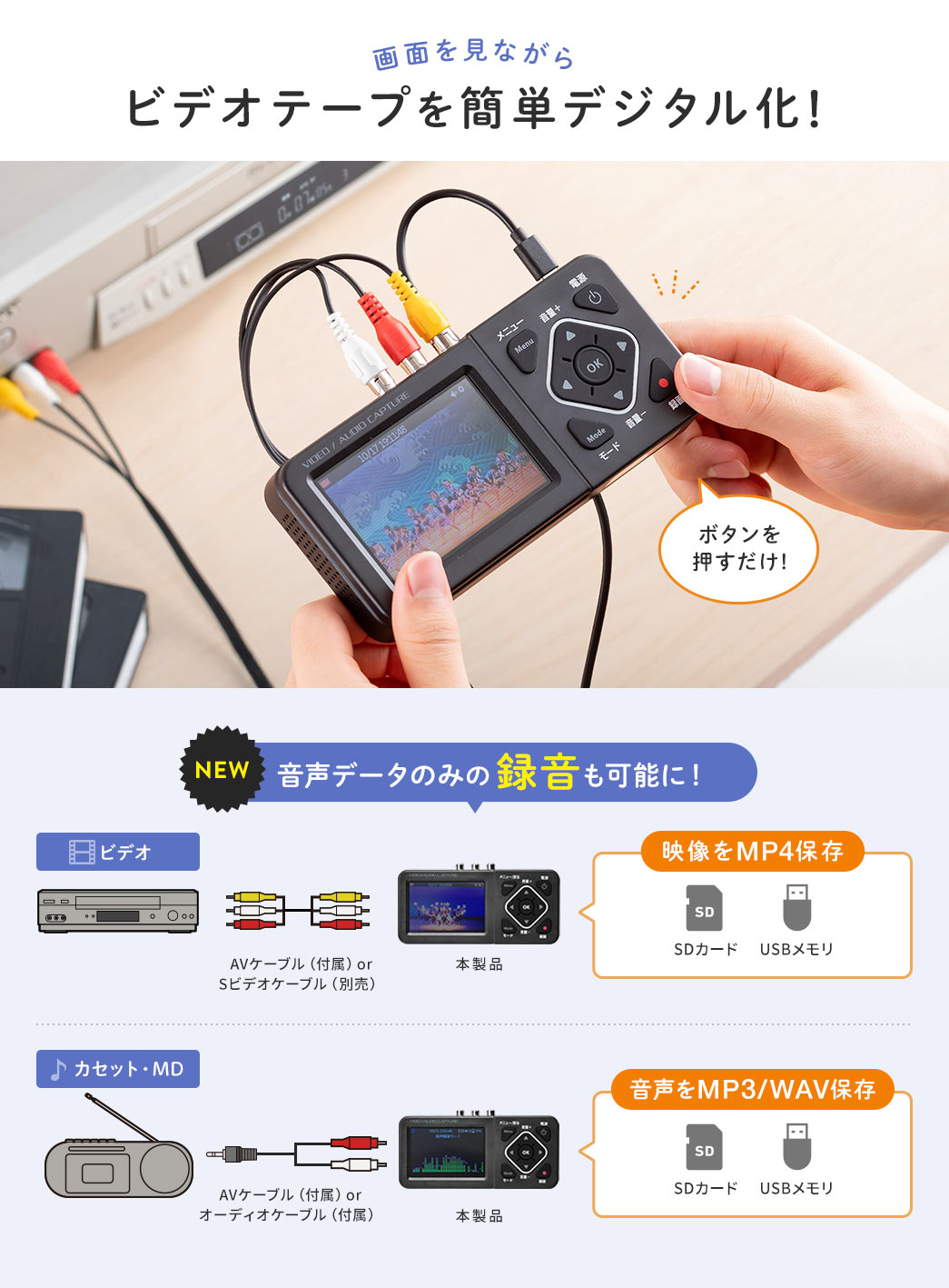 画面を見ながらボタンを押すだけで、ビデオテープを簡単デジタル化。映像はMP4形式で保存、音声はMP3またはWAV形式で、音声データのみの録音も可能になりました。