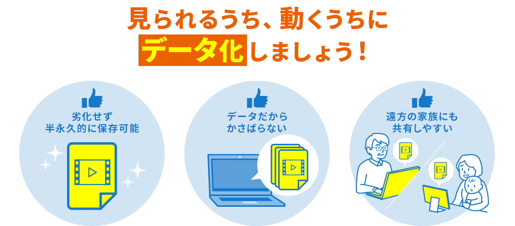 見られるうち、動くうちにデータ化しましょう　劣化せず半永久的に保存可能！　データだからかさばらない　遠方の家族にも共有しやすい