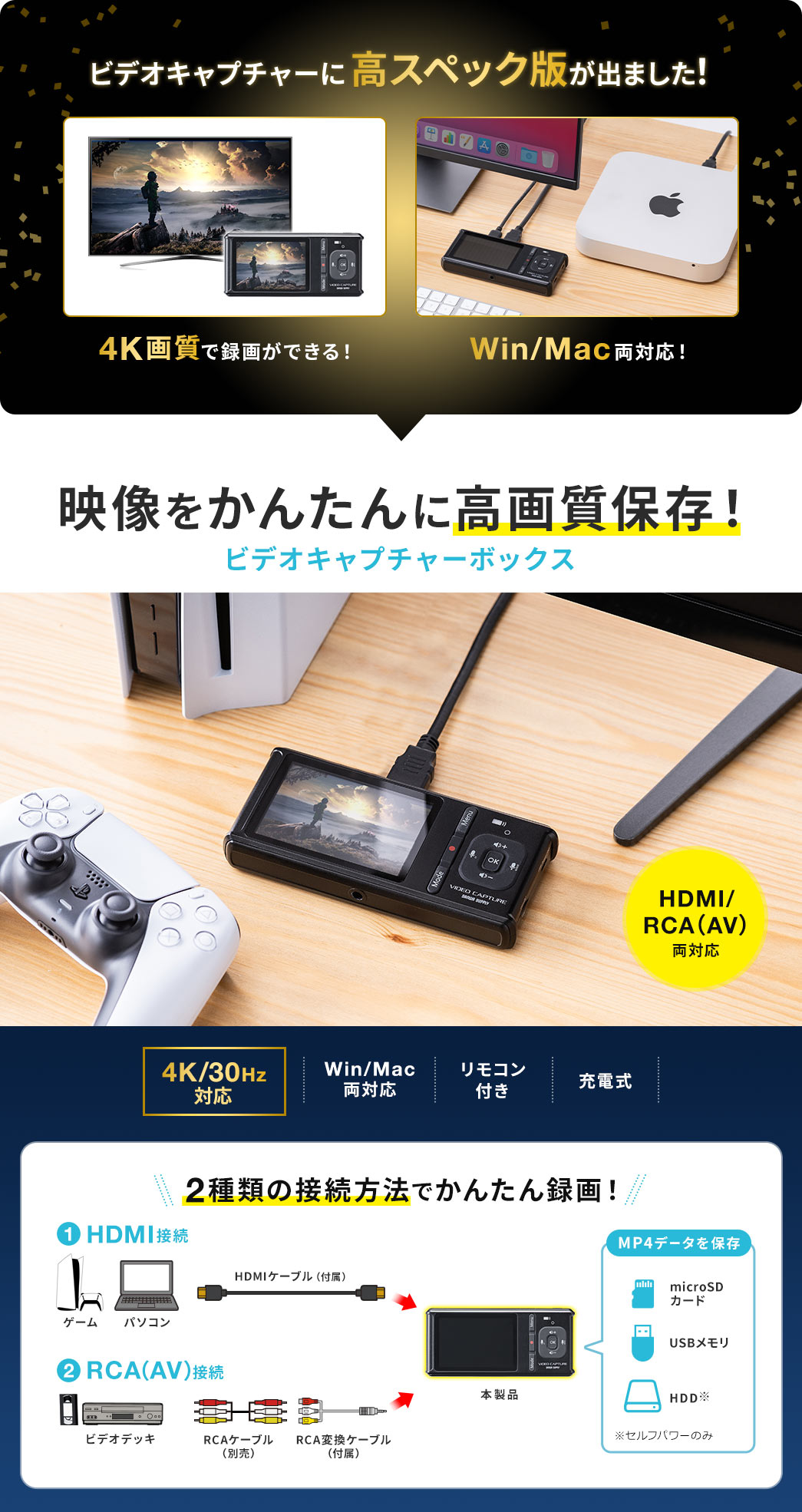 ビデオキャプチャーに高スペック版が出ました！ 4K画質で録画ができる！ Win／Mac両対応！ 映像をかんたんに高画質保存！ ビデオキャプチャーボックス HDMI／RCA(AV)両対応 4K/30Hz対応|Win/Mac両対応|リモコン付き|充電式 2種類の接続方法でかんたん録画！ 1 HDMI接続 2 RCA(AV)接続 MP4データを保存 microSDカード USBメモリ HDD*セルフパワーのみ