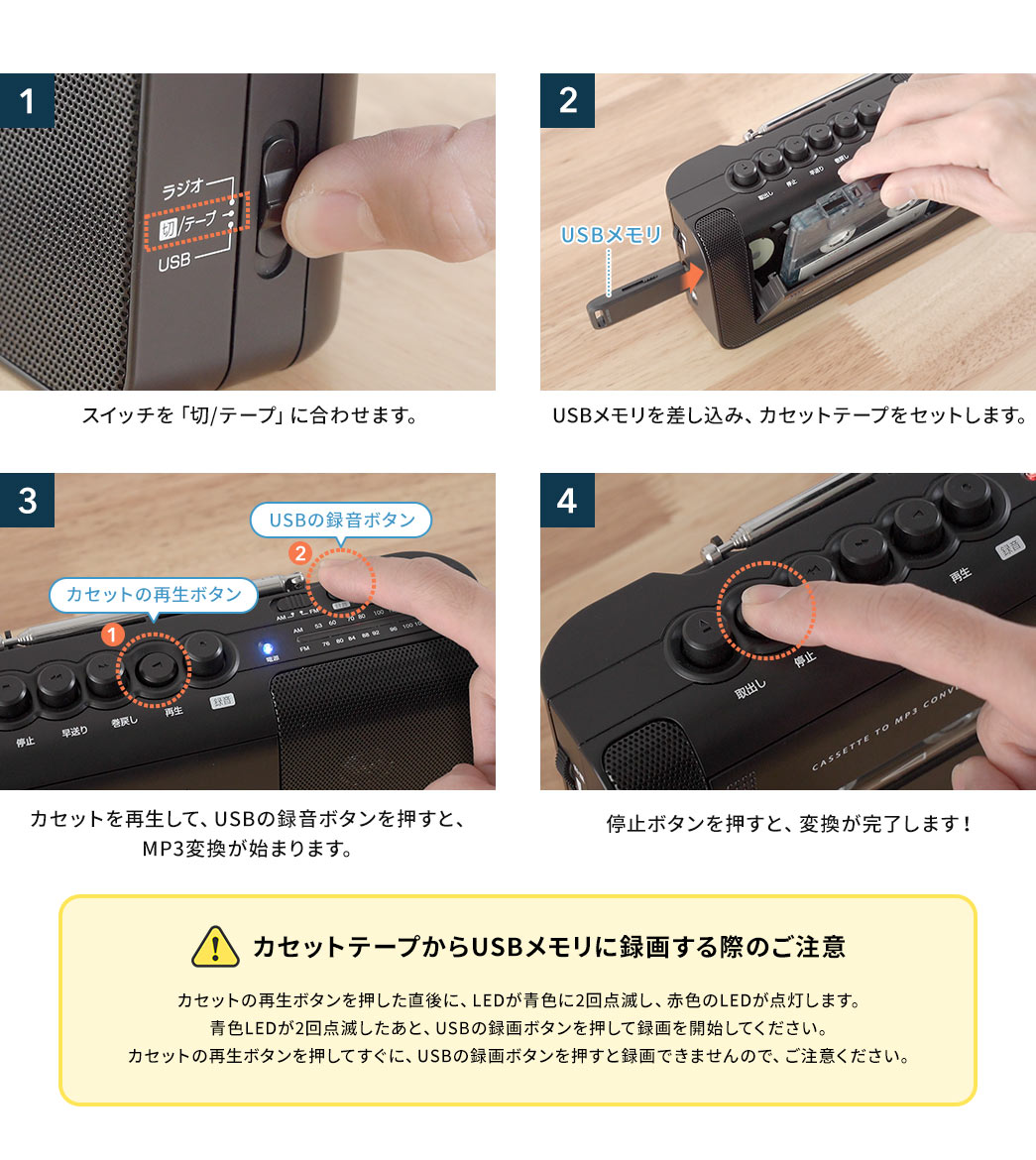 1.スイッチを「切/テープ」に合わせます。/2.USBメモリを差し込み /3.カセットを再生して、USBの録音ボタンを押すと、MP3変換が始まります。/4.停止ボタンを押すと、変換が完了します！