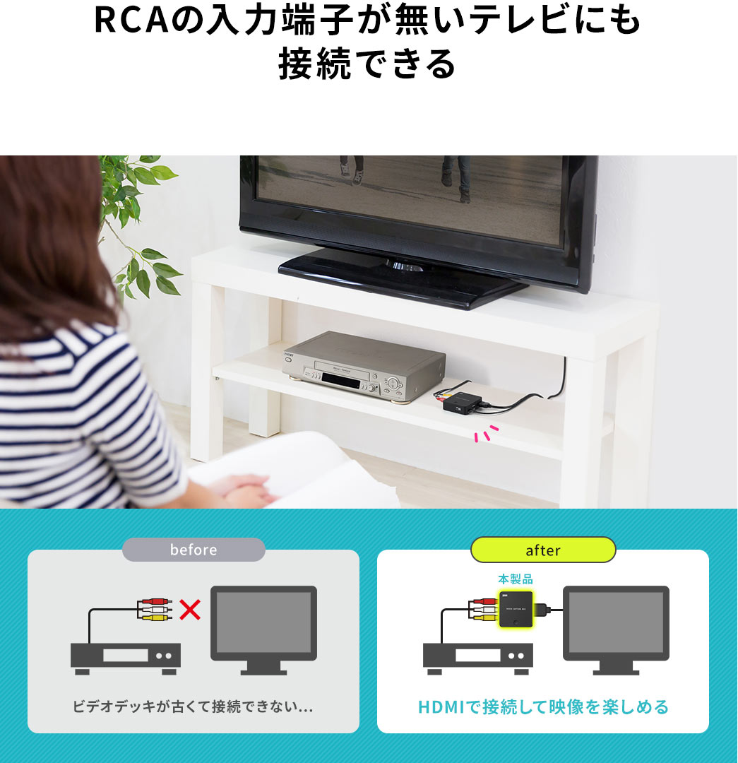 RCAの入力端子が無いテレビにも接続できる