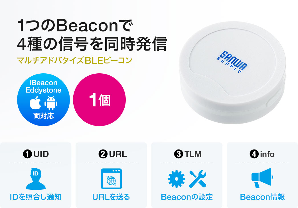 1つのBeaconで4種の信号を同時発信できる、マルチアドバタイズBLEビーコン。iBeacon、Eddystoneの両対応で、1個入り。1、IDを照合し通知。2、URLを送る。3、Beaconの設定。4、Beacon情報。