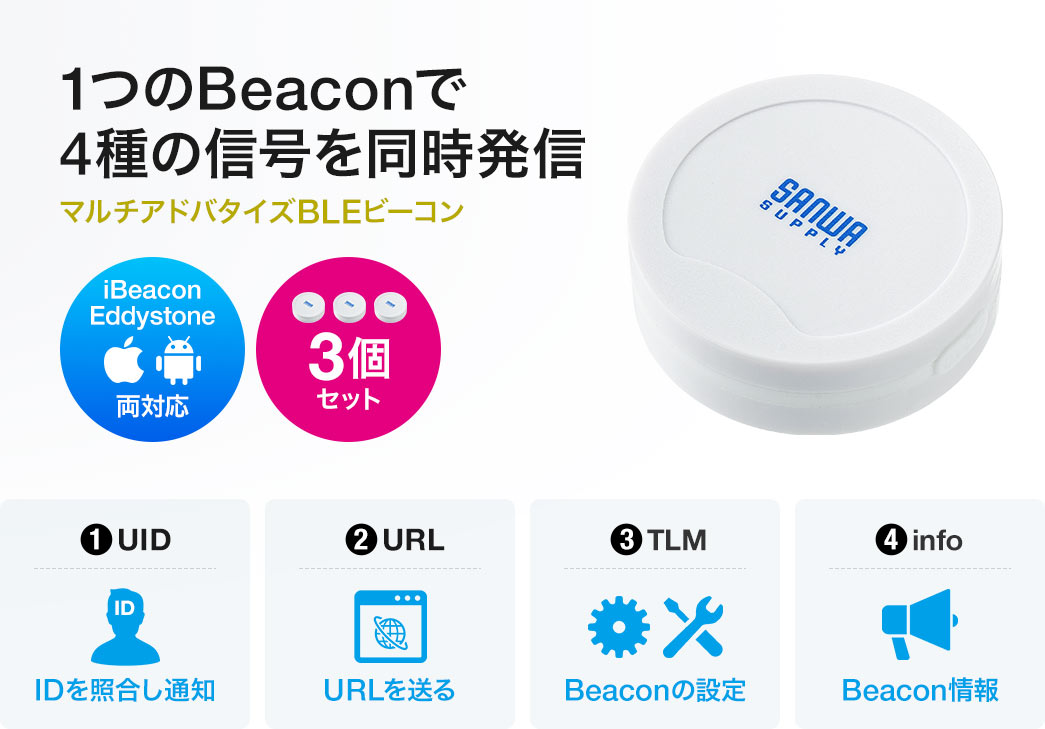 1つのBeaconで4種の信号を同時発信できる、マルチアドバタイズBLEビーコン。iBeacon、Eddystoneの両対応で、1個入り。1、IDを照合し通知。2、URLを送る。3、Beaconの設定。4、Beacon情報。