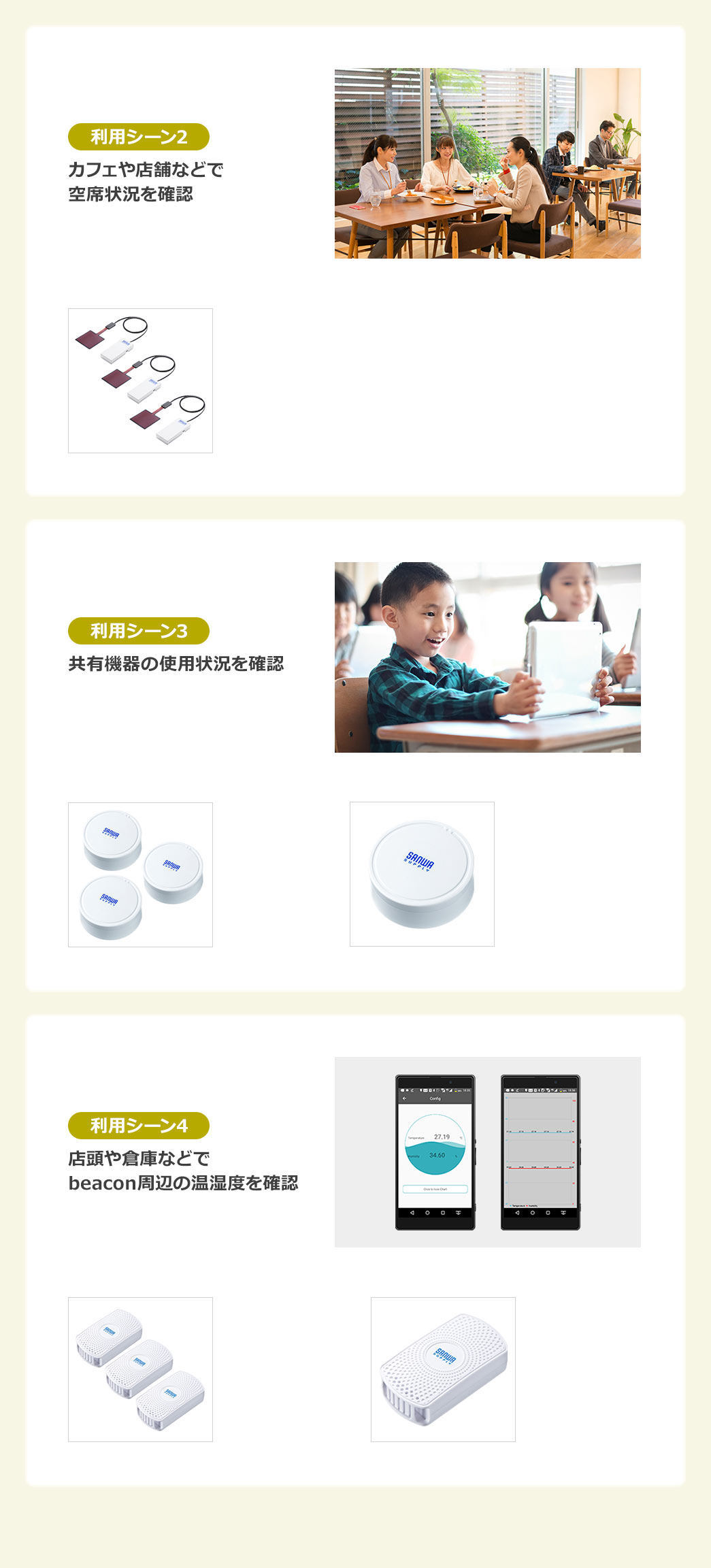 利用シーン2、カフェや店舗などで空席状況を確認。利用シーン3、共有機器の使用状況を確認。利用シーン4、店頭や倉庫などでbeacon周辺の温湿度を確認。