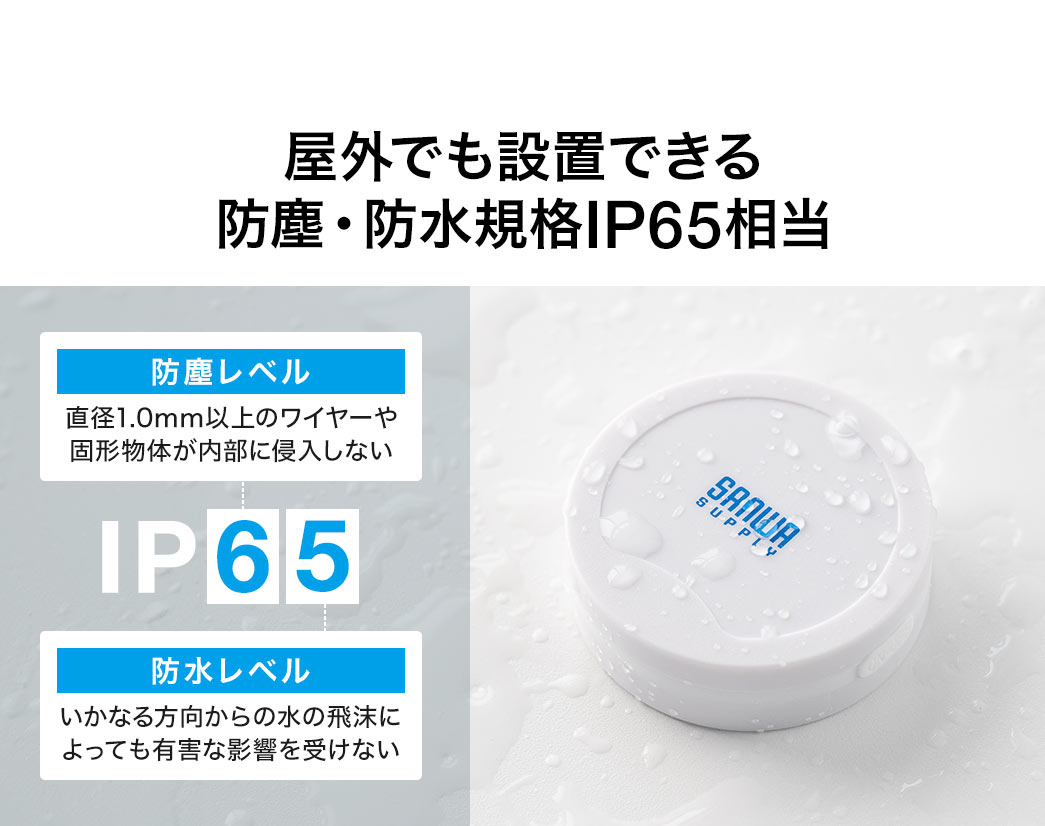 屋外でも設置できる、防塵・防水規格IP65を取得。防塵レベル、直径1.0ｍｍ以上のワイヤーや固形物体が内部に侵入しません。防水レベル、いかなる方向からの水の飛沫によっても有害な影響を受けません。