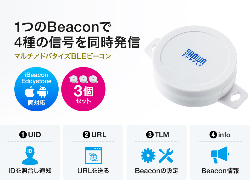 1つのBeaconで4種の信号を同時発信できる、マルチアドバタイズBLEビーコン。iBeacon、Eddystoneの両対応で、3個セット。1、IDを照合し通知。2、URLを送る。3、Beaconの設定。4、Beacon情報。