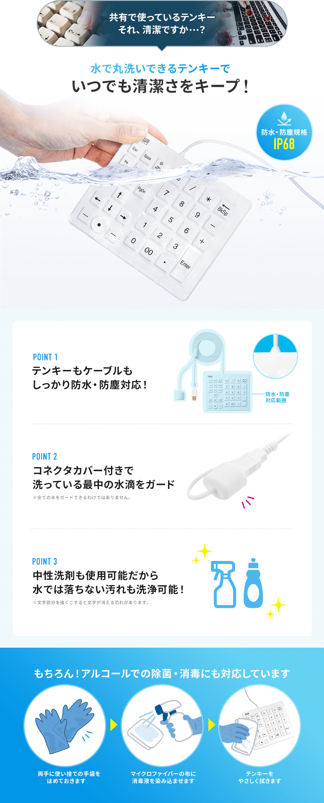 共有で使っているテンキーそれ、清潔ですか...? 水で丸洗いできるテンキーでいつでも清潔さをキープ! テンキーもケーブルもしっかり防水・防麈対応! コネクタカバー付きで洗ってる最中の水滴をガード! 中性洗剤も使用可能だから水では落ちない汚れも洗浄可能! もちろん!アルコールでの除菌・消毒にも対応しています