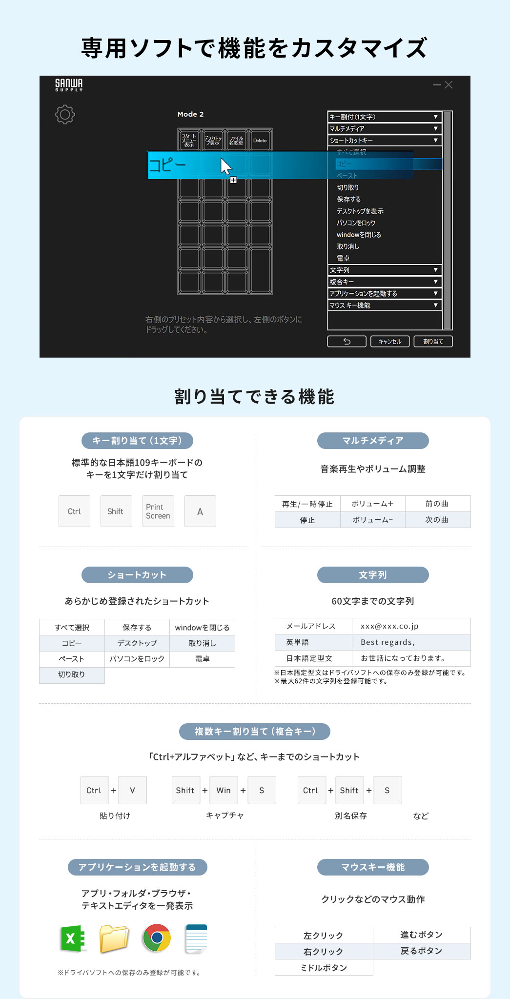 専用ソフトで機能をカスタマイズ 割り当てできる機能