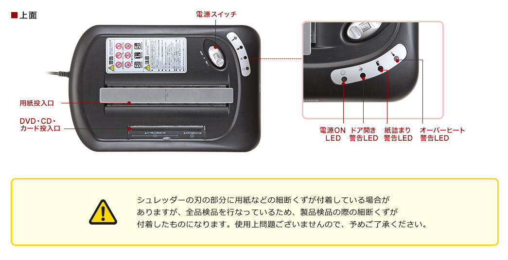 SPEC　上面　注意：シュレッダーの刃の部分に用紙などの細断くずが付着している場合がありますが、全品検品を行なっているため、製品検品の際の細断くずが付着したものになります。使用上問題ございませんので、予めご了承ください。